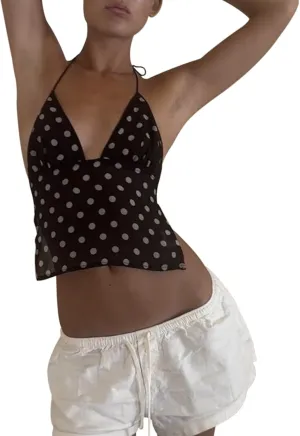 Women Backless Lace Up Halter Tulle Tank Top v Neck Dot Print Sleeveless Tie Up Mesh Cami Crop Top with Ribbon