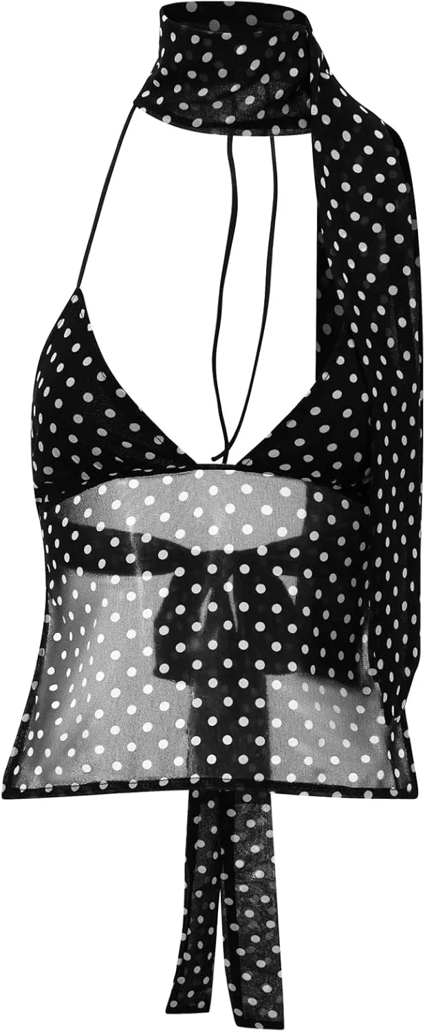 Women Backless Lace Up Halter Tulle Tank Top v Neck Dot Print Sleeveless Tie Up Mesh Cami Crop Top with Ribbon
