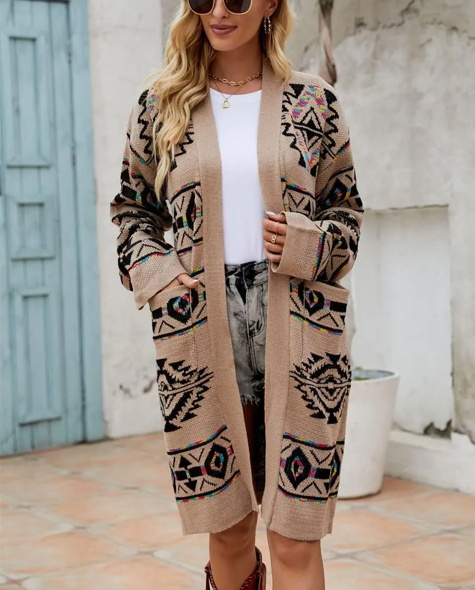 Women Boho Cardigan Sweater Long Open Front Western Aztec Tribal Tassel Fringe Knit Sweaters Vintage Hippie Clothes