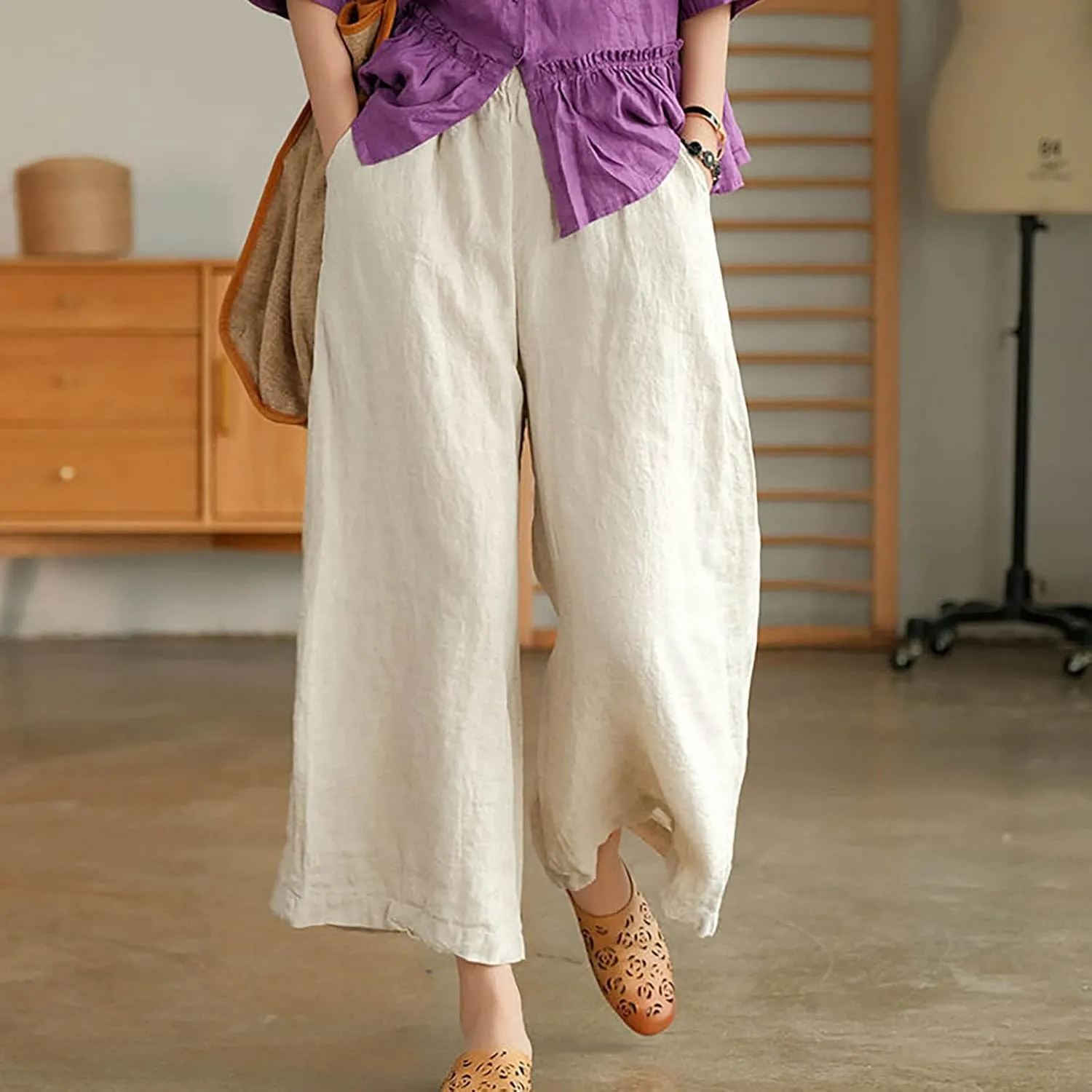 Women Casual High Waist Wide Leg Pants Cotton Linen Palazzo Pant Drawstring Elastic Waist Lounge Trouser with Pockets