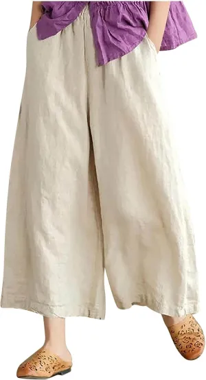 Women Casual High Waist Wide Leg Pants Cotton Linen Palazzo Pant Drawstring Elastic Waist Lounge Trouser with Pockets