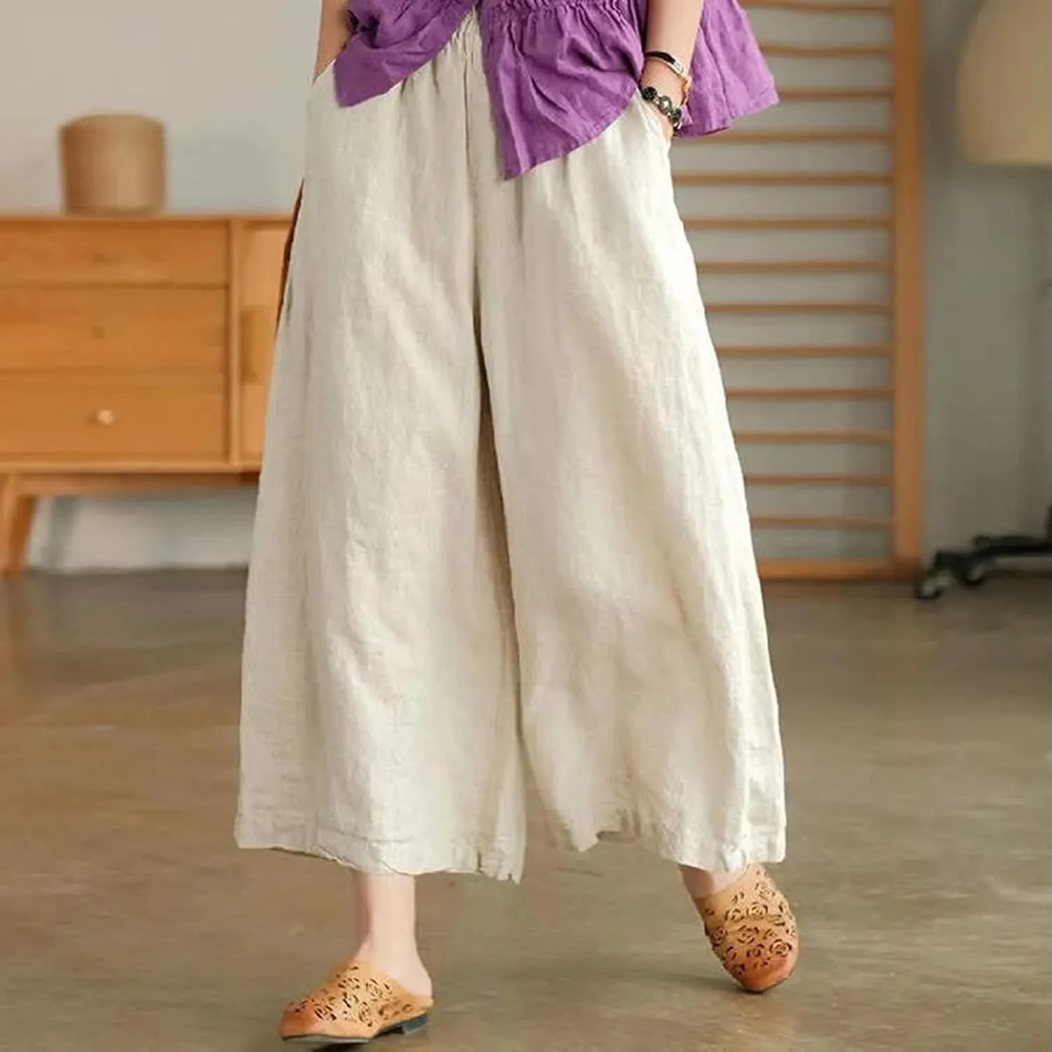 Women Casual High Waist Wide Leg Pants Cotton Linen Palazzo Pant Drawstring Elastic Waist Lounge Trouser with Pockets