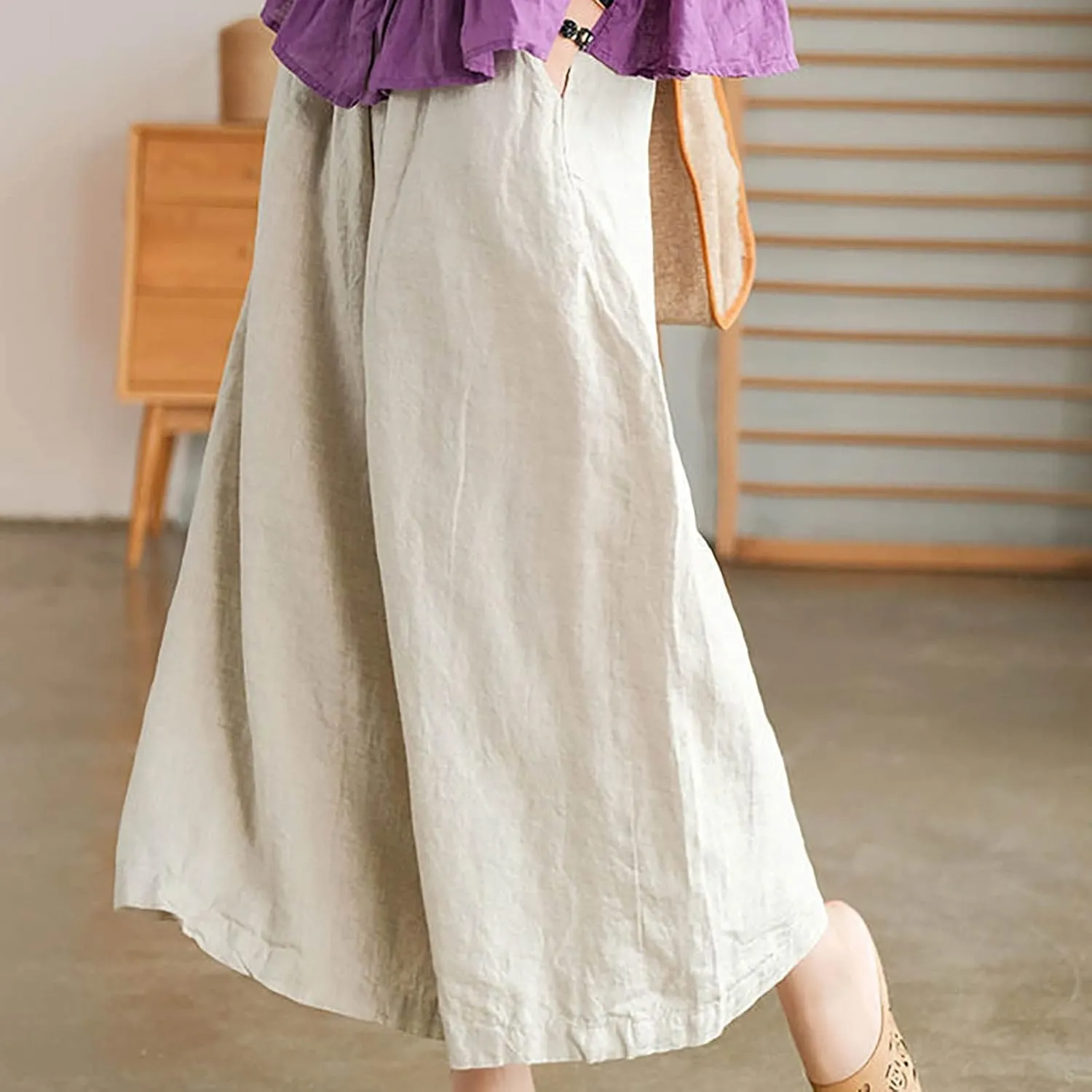 Women Casual High Waist Wide Leg Pants Cotton Linen Palazzo Pant Drawstring Elastic Waist Lounge Trouser with Pockets