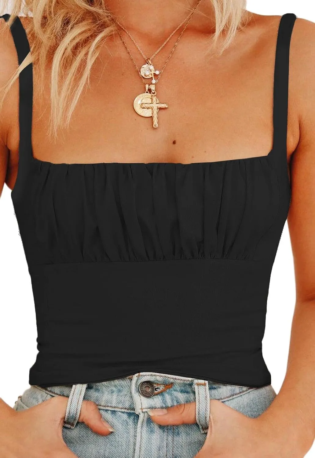 Women Crop Tank Top Sexy Square V Neck Double Lined Ruched Corset Cute Cropped Sleeveless Cami Summer Outfit Going Out Top