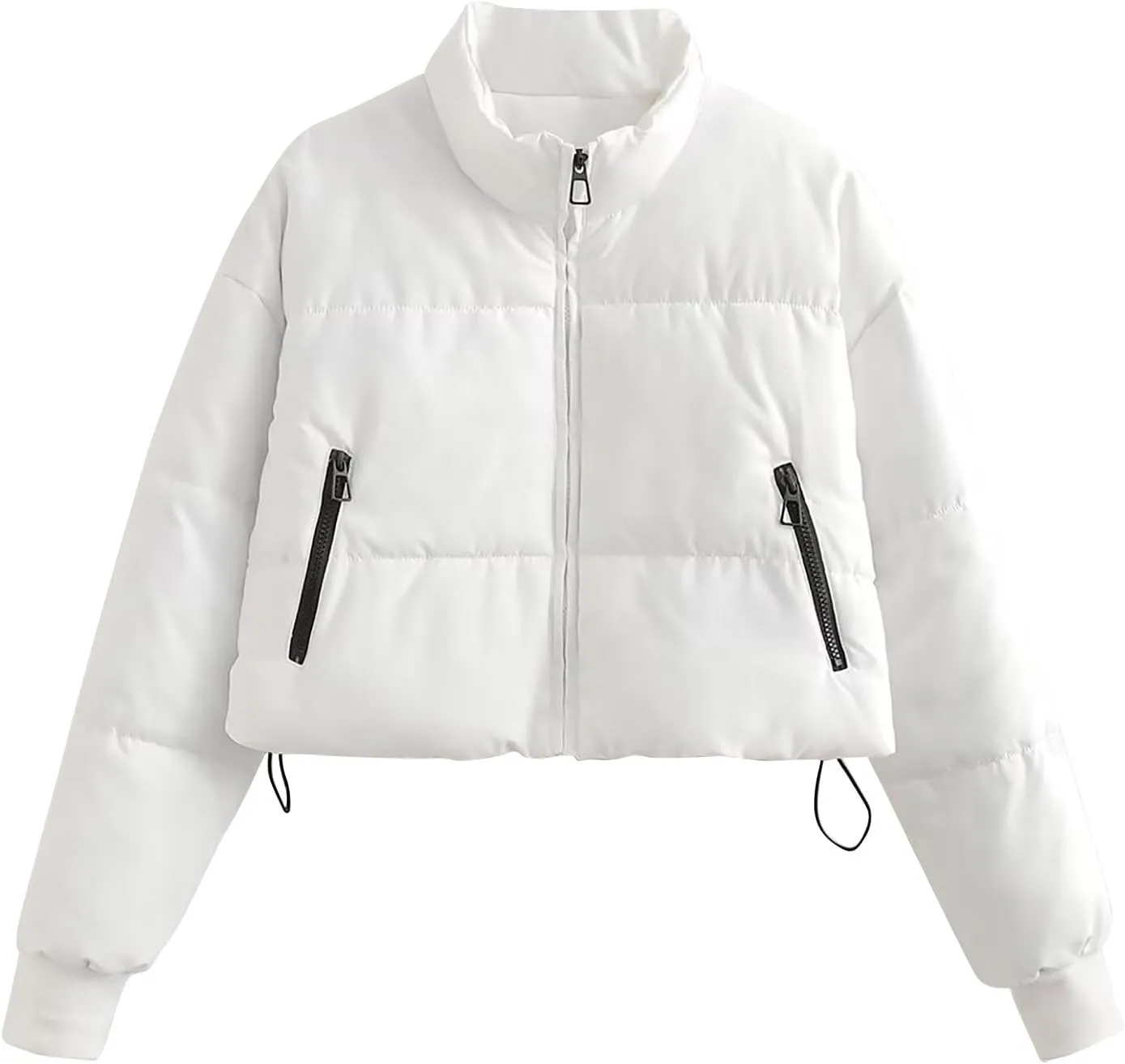 Women Cropped Stand Collar Down Jackets Long Sleeve Solid Full Zipper Puffer Jacket Winter Warm Outdoor Hiking Coat