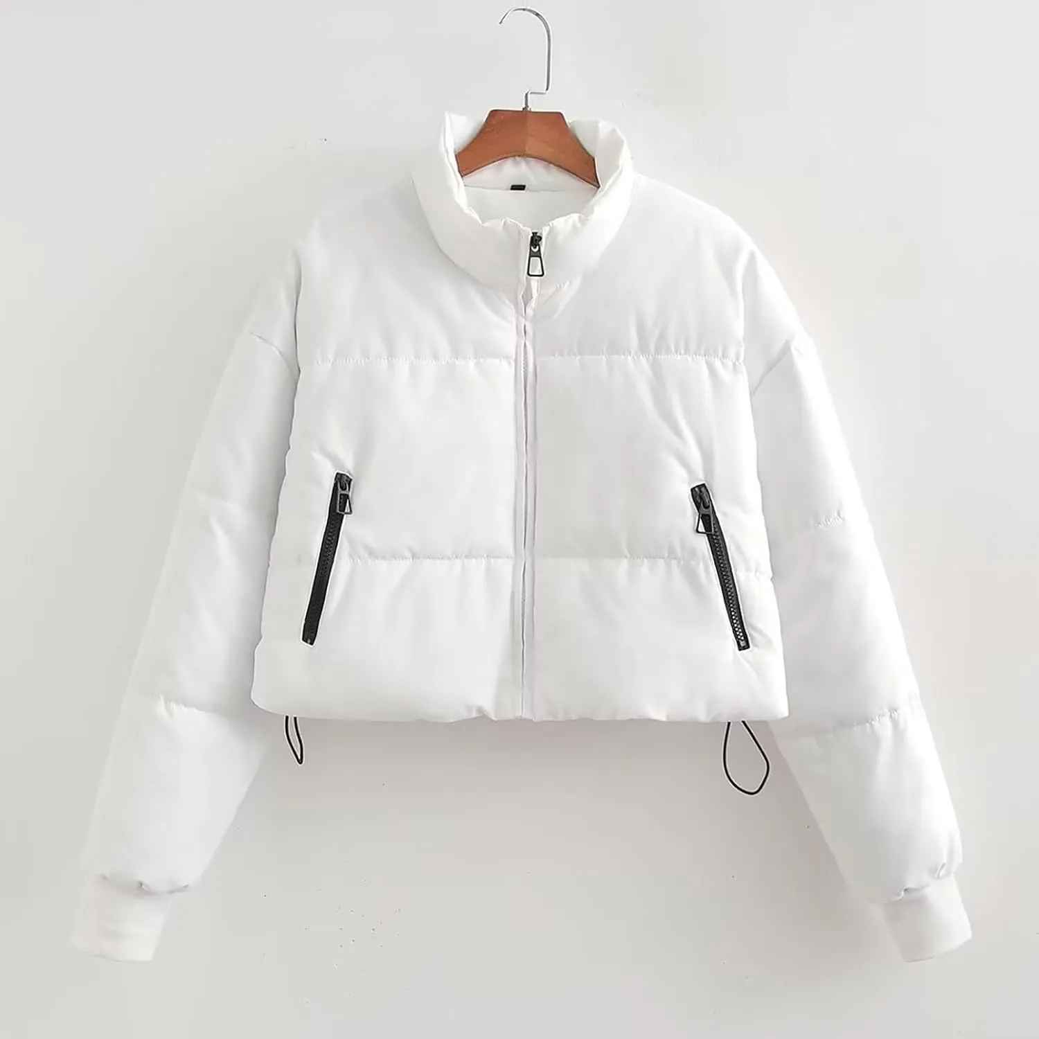 Women Cropped Stand Collar Down Jackets Long Sleeve Solid Full Zipper Puffer Jacket Winter Warm Outdoor Hiking Coat
