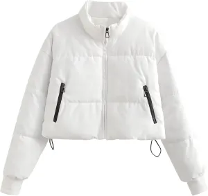 Women Cropped Stand Collar Down Jackets Long Sleeve Solid Full Zipper Puffer Jacket Winter Warm Outdoor Hiking Coat