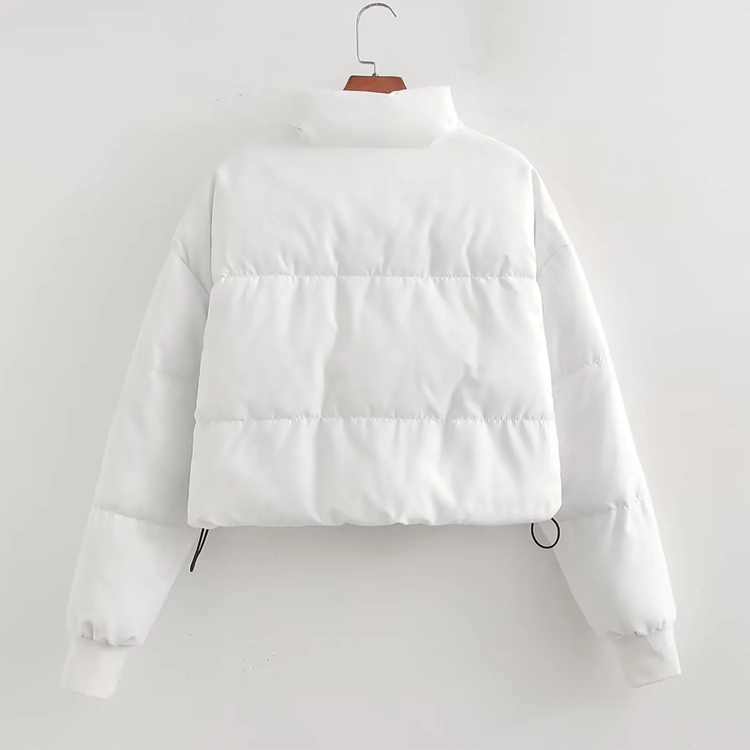 Women Cropped Stand Collar Down Jackets Long Sleeve Solid Full Zipper Puffer Jacket Winter Warm Outdoor Hiking Coat