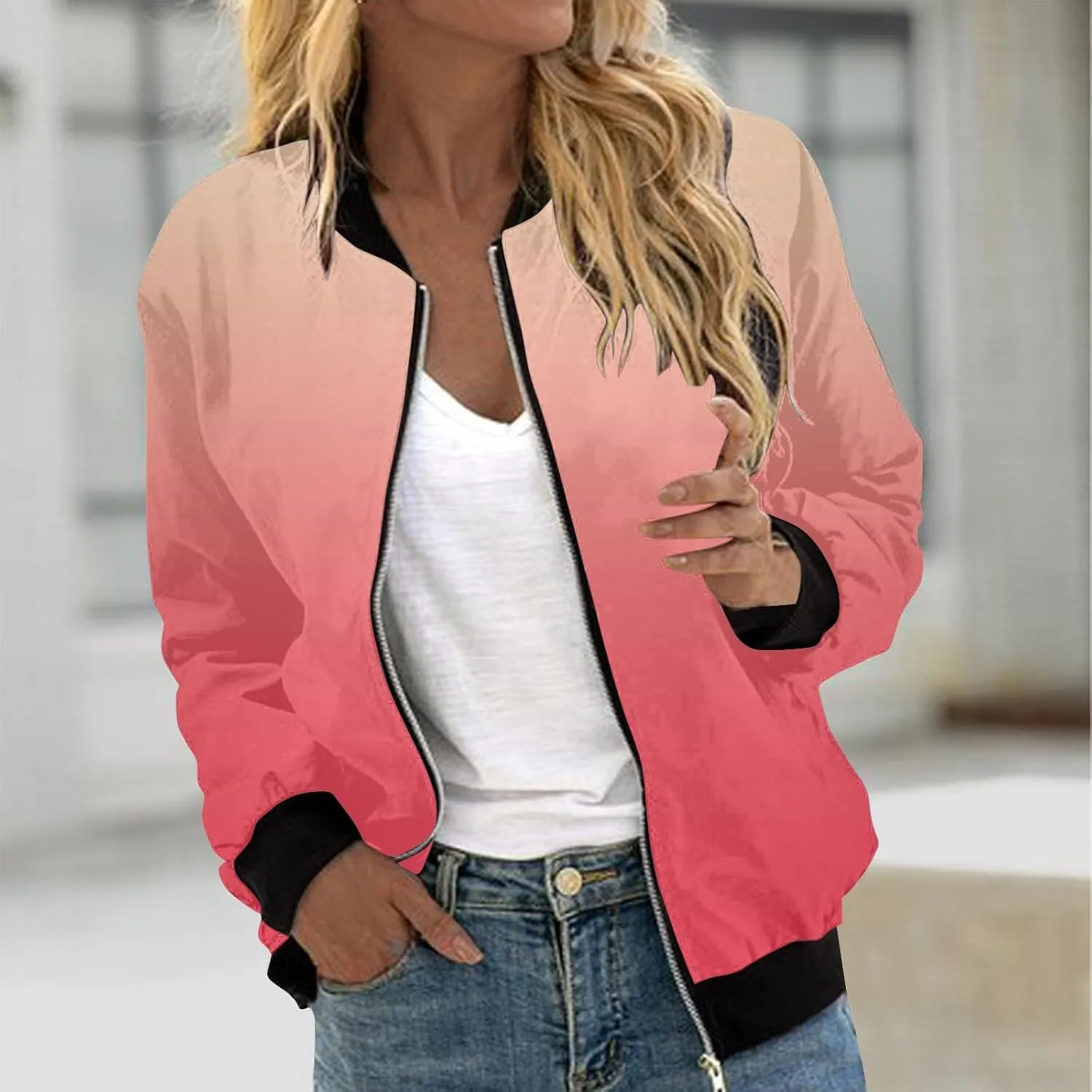 Women Fall Trendy Bomber Jacket Stand Collar Zip Up Windproof Floral Outerwears Long Sleeve Loose Casual Y2K Outwears