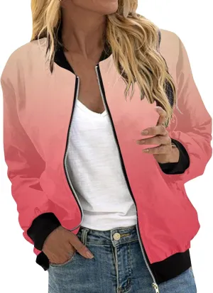 Women Fall Trendy Bomber Jacket Stand Collar Zip Up Windproof Floral Outerwears Long Sleeve Loose Casual Y2K Outwears