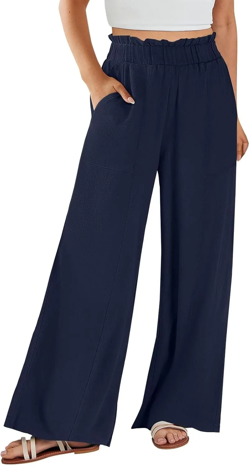 Women High Waisted Cotton Linen Pants Casual Loose Wide Leg Beach Pants Summer Outfits 2024 Trendy