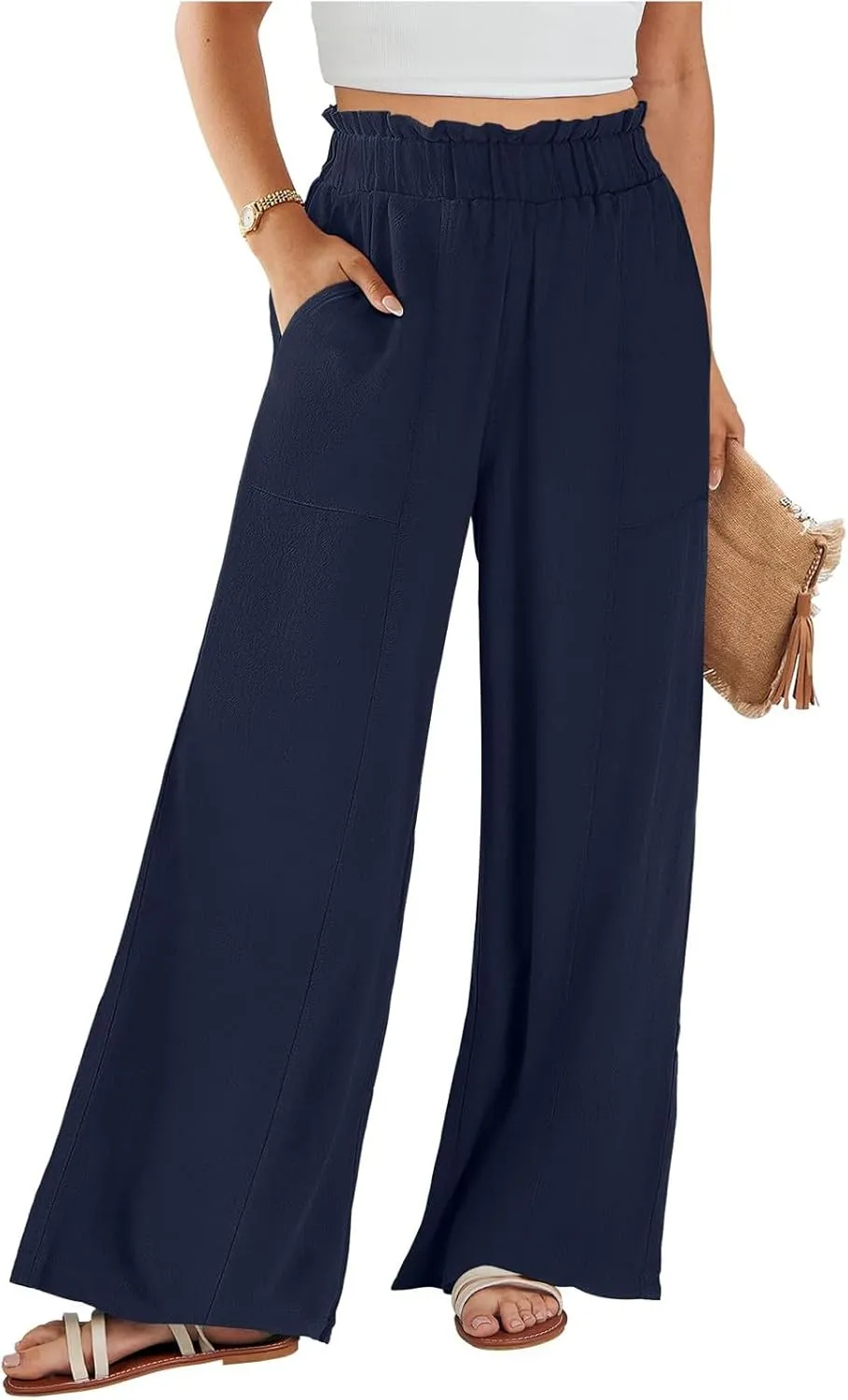 Women High Waisted Cotton Linen Pants Casual Loose Wide Leg Beach Pants Summer Outfits 2024 Trendy
