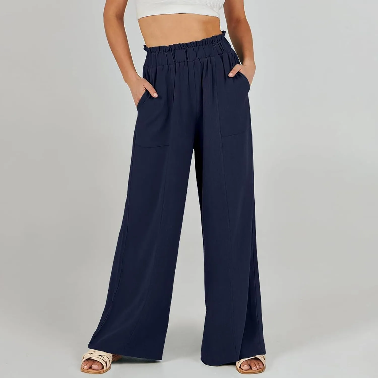 Women High Waisted Cotton Linen Pants Casual Loose Wide Leg Beach Pants Summer Outfits 2024 Trendy