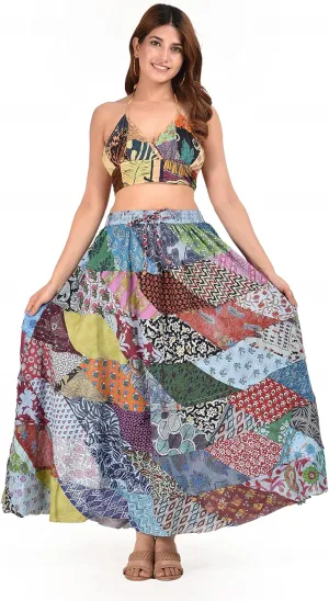 Women Hippie Patch Work Indian All Time Hit Gypsy Stylish Casual Bohemian Elastic High Waist Maxi Long Skirts with Right Hand Side Pocket, One Size Fits All(Waist 26-36 inches), Blue