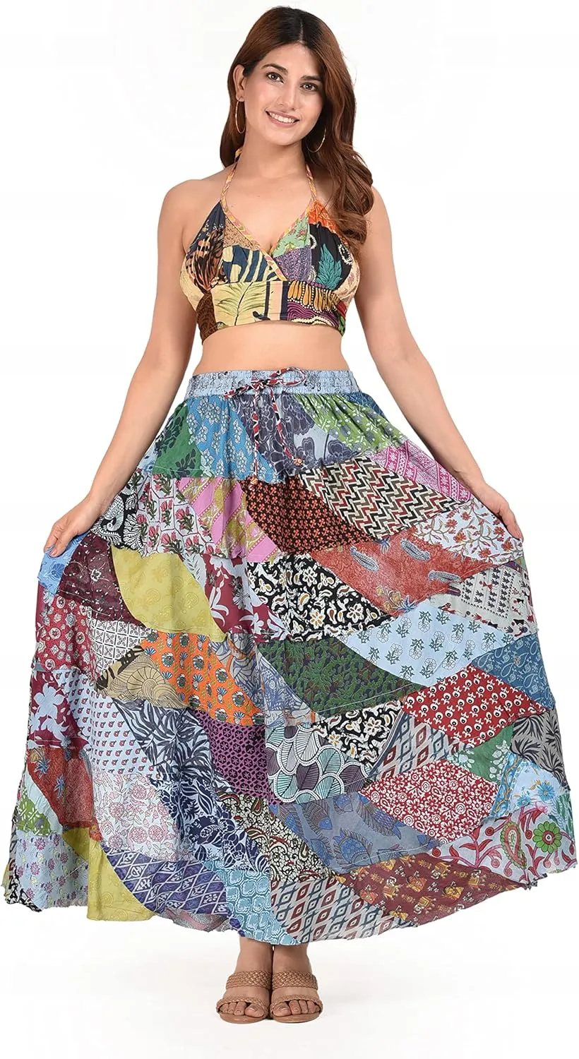 Women Hippie Patch Work Indian All Time Hit Gypsy Stylish Casual Bohemian Elastic High Waist Maxi Long Skirts with Right Hand Side Pocket, One Size Fits All(Waist 26-36 inches), Blue