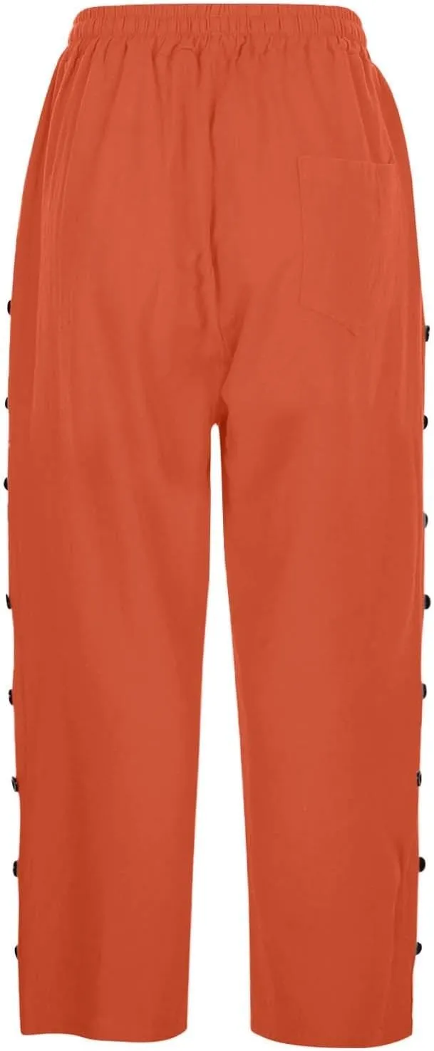 Women Linen Palazzo Pants Cotton Linen Elastic Seven Pants Beach Casual Trendy Lounge with Pockets