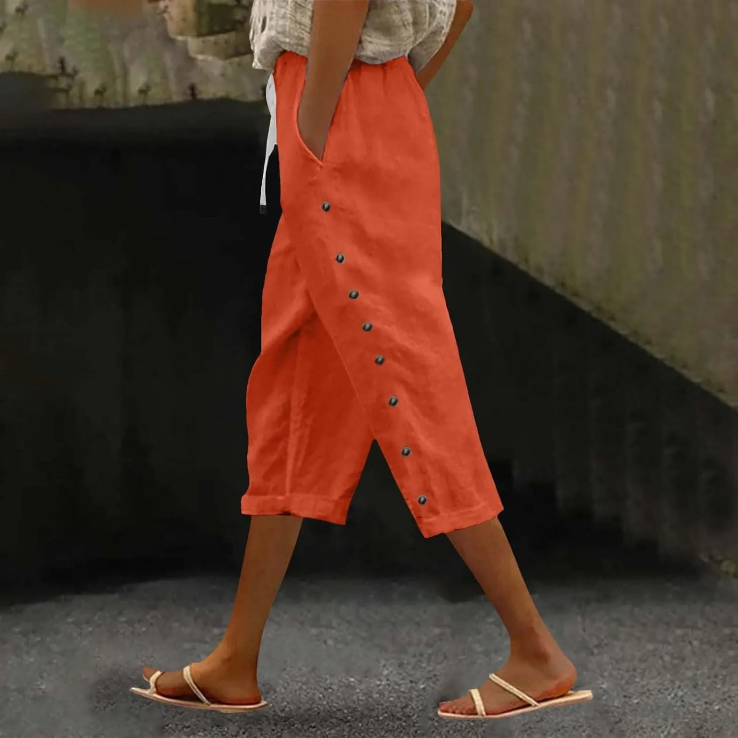 Women Linen Palazzo Pants Cotton Linen Elastic Seven Pants Beach Casual Trendy Lounge with Pockets
