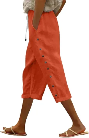 Women Linen Palazzo Pants Cotton Linen Elastic Seven Pants Beach Casual Trendy Lounge with Pockets
