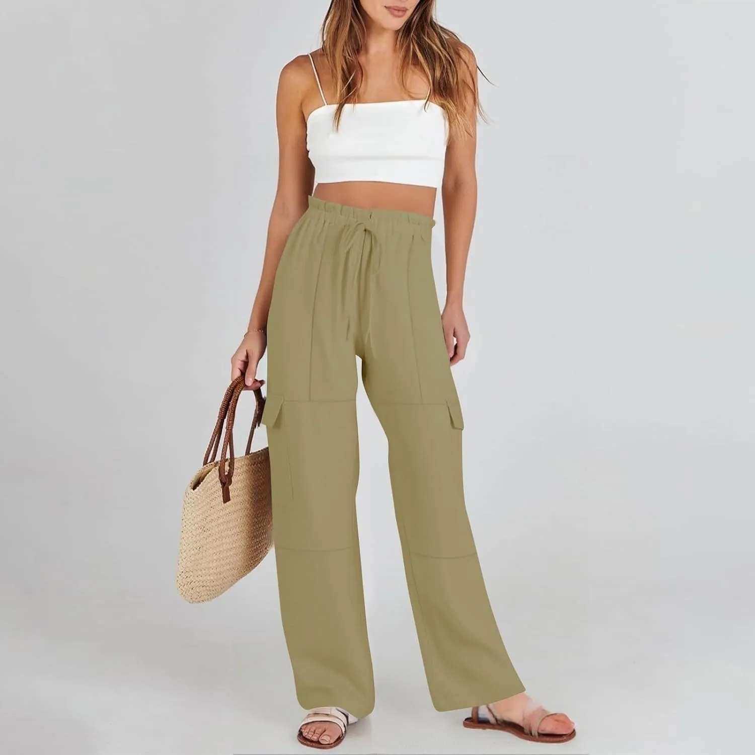 Women Linen Pants Summer Drawstring High Wasited Baggy Cargo Pants Wide Leg Lounge Pant Lightweight Hiking Pant