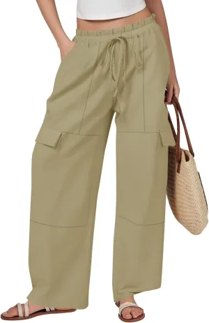 Women Linen Pants Summer Drawstring High Wasited Baggy Cargo Pants Wide Leg Lounge Pant Lightweight Hiking Pant