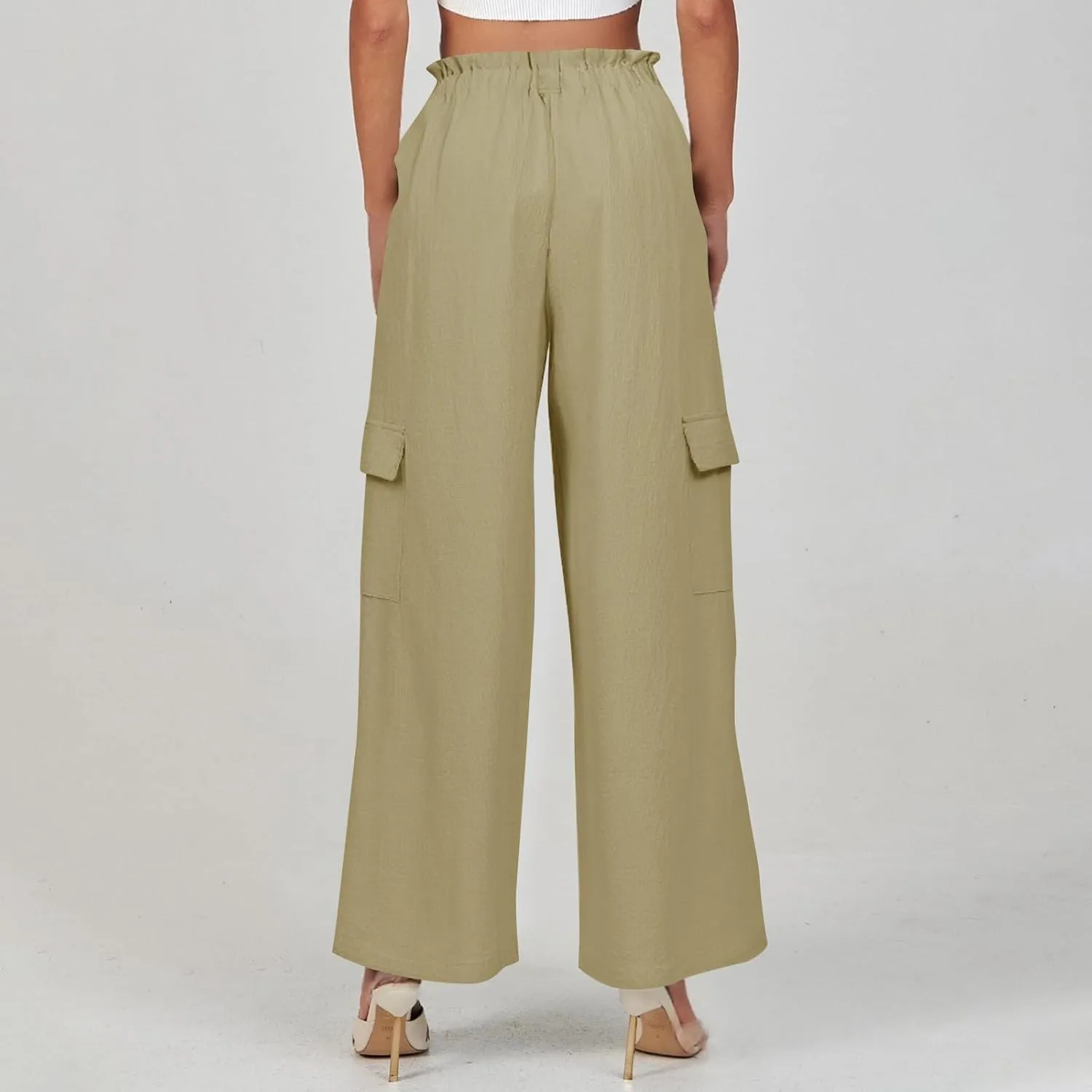 Women Linen Pants Summer Drawstring High Wasited Baggy Cargo Pants Wide Leg Lounge Pant Lightweight Hiking Pant