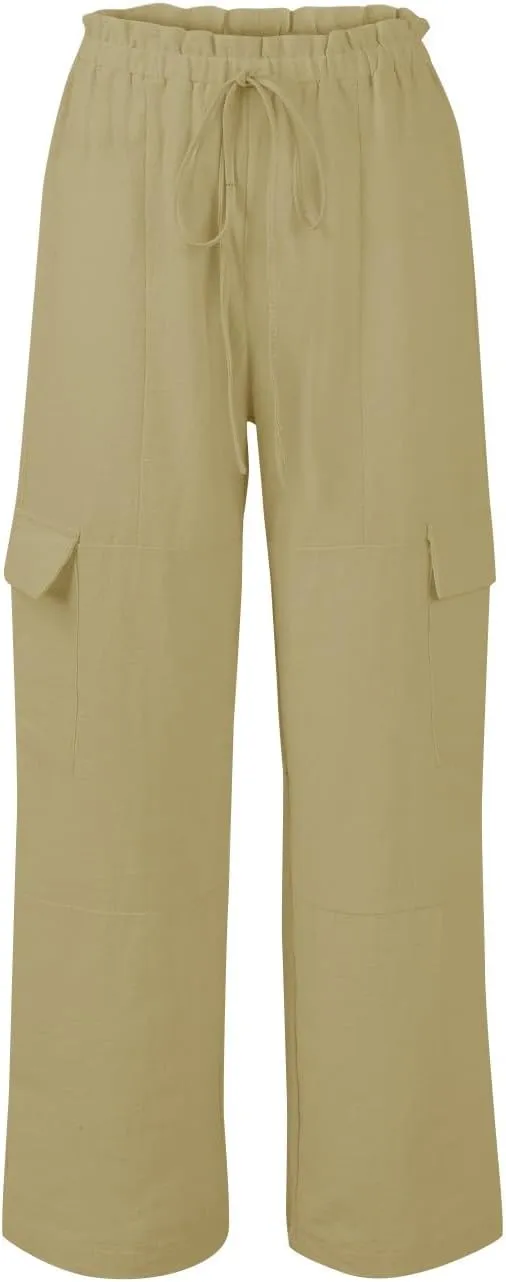 Women Linen Pants Summer Drawstring High Wasited Baggy Cargo Pants Wide Leg Lounge Pant Lightweight Hiking Pant