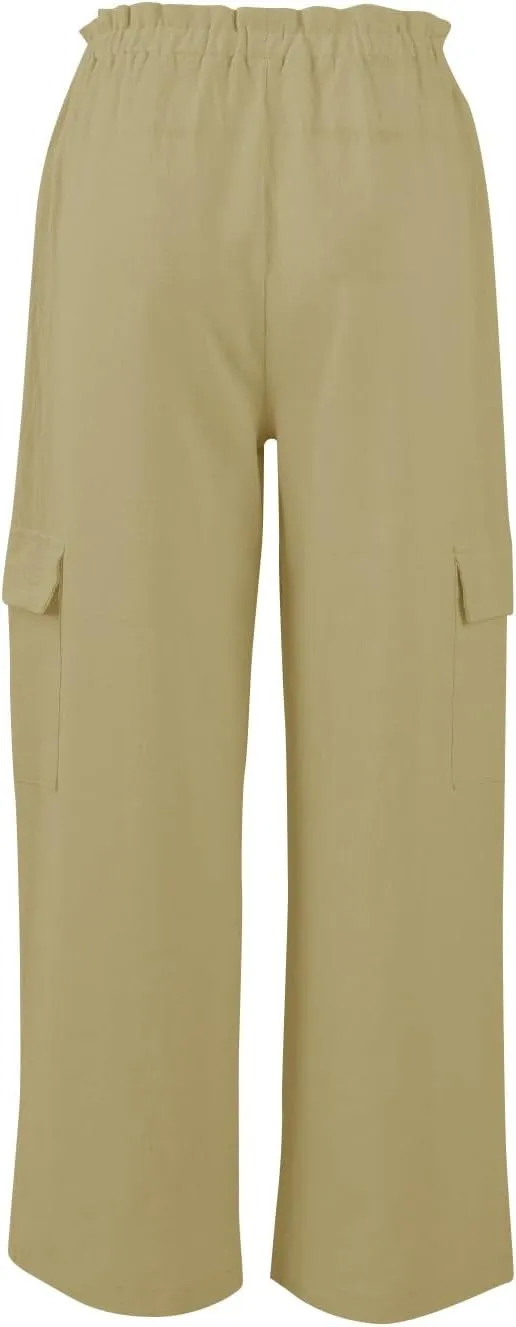 Women Linen Pants Summer Drawstring High Wasited Baggy Cargo Pants Wide Leg Lounge Pant Lightweight Hiking Pant