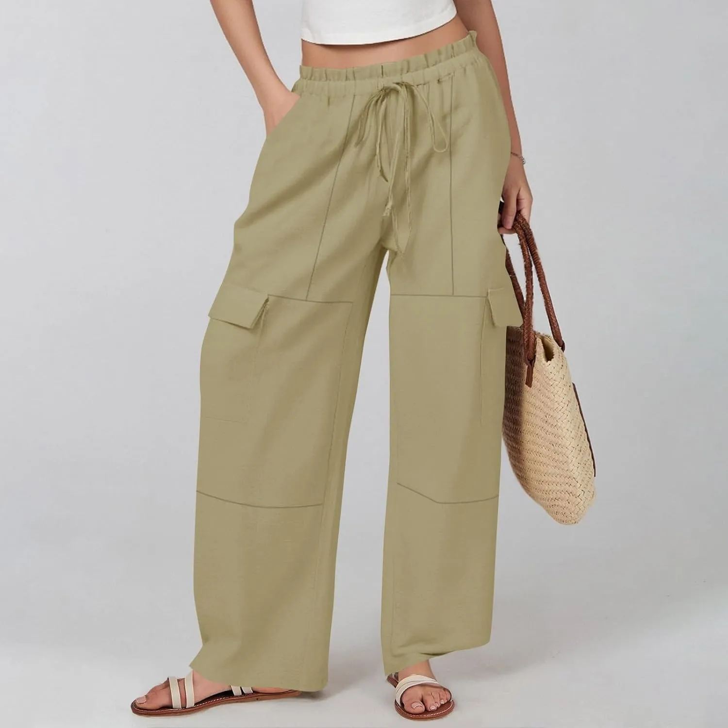 Women Linen Pants Summer Drawstring High Wasited Baggy Cargo Pants Wide Leg Lounge Pant Lightweight Hiking Pant