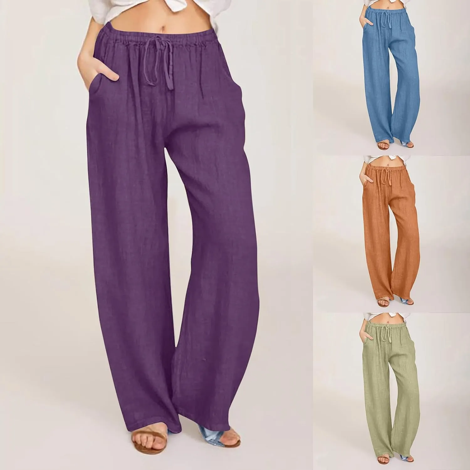 Women Linen Pants Summer Wide Leg Pant Drawstring Elastic Waist Slacks High Waisted Lounge Bottom Casual Beach Trouser