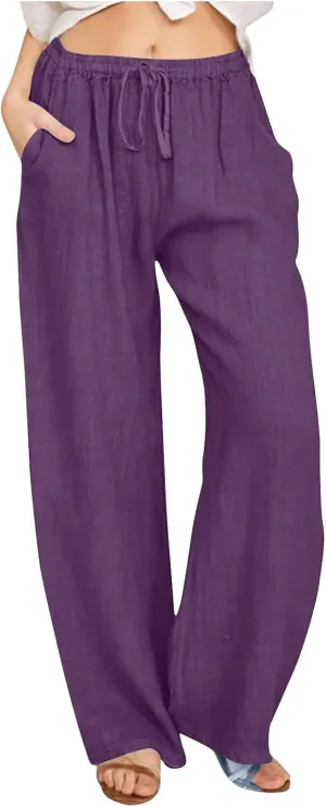 Women Linen Pants Summer Wide Leg Pant Drawstring Elastic Waist Slacks High Waisted Lounge Bottom Casual Beach Trouser
