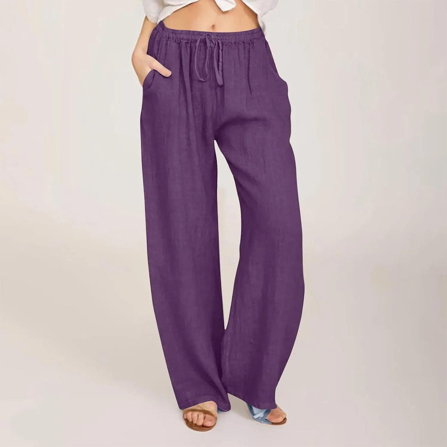 Women Linen Pants Summer Wide Leg Pant Drawstring Elastic Waist Slacks High Waisted Lounge Bottom Casual Beach Trouser