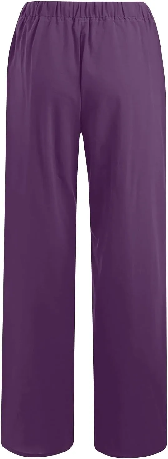 Women Linen Pants Summer Wide Leg Pant Drawstring Elastic Waist Slacks High Waisted Lounge Bottom Casual Beach Trouser