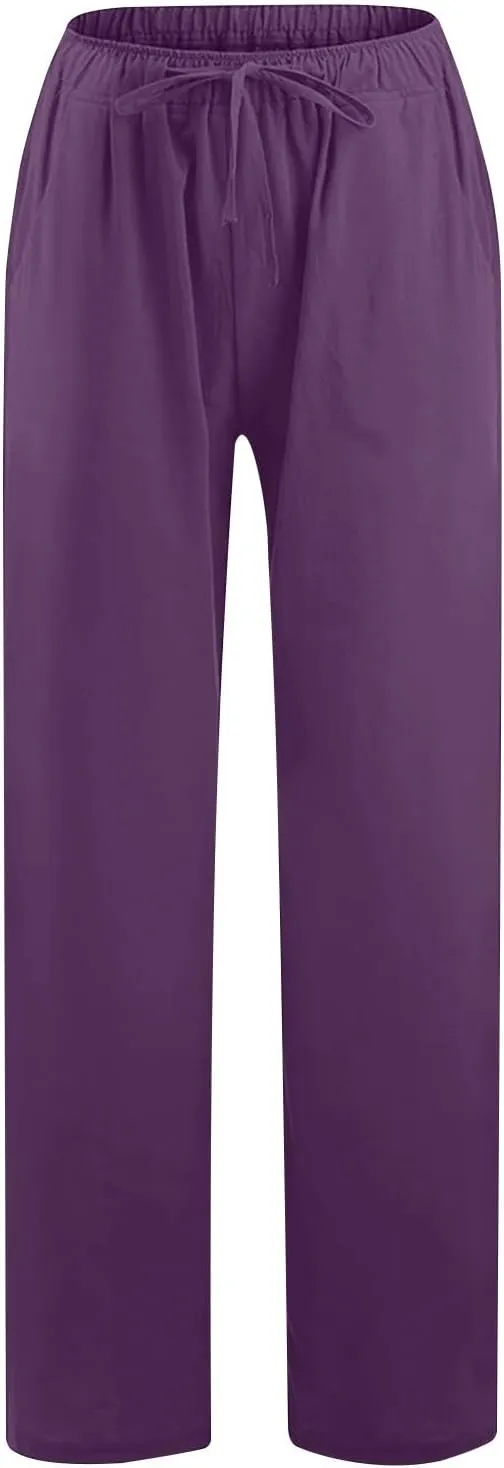 Women Linen Pants Summer Wide Leg Pant Drawstring Elastic Waist Slacks High Waisted Lounge Bottom Casual Beach Trouser