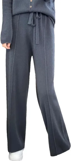 Women Merino Wool Knitted Wide Leg Pants Winter Basic Soft Warm Trousers