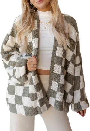 Women Oversized Plaid Cardigan Y2K Long Sleeve Checkered Open Front Knit Sweater Casual Loose Outwear Streetwear