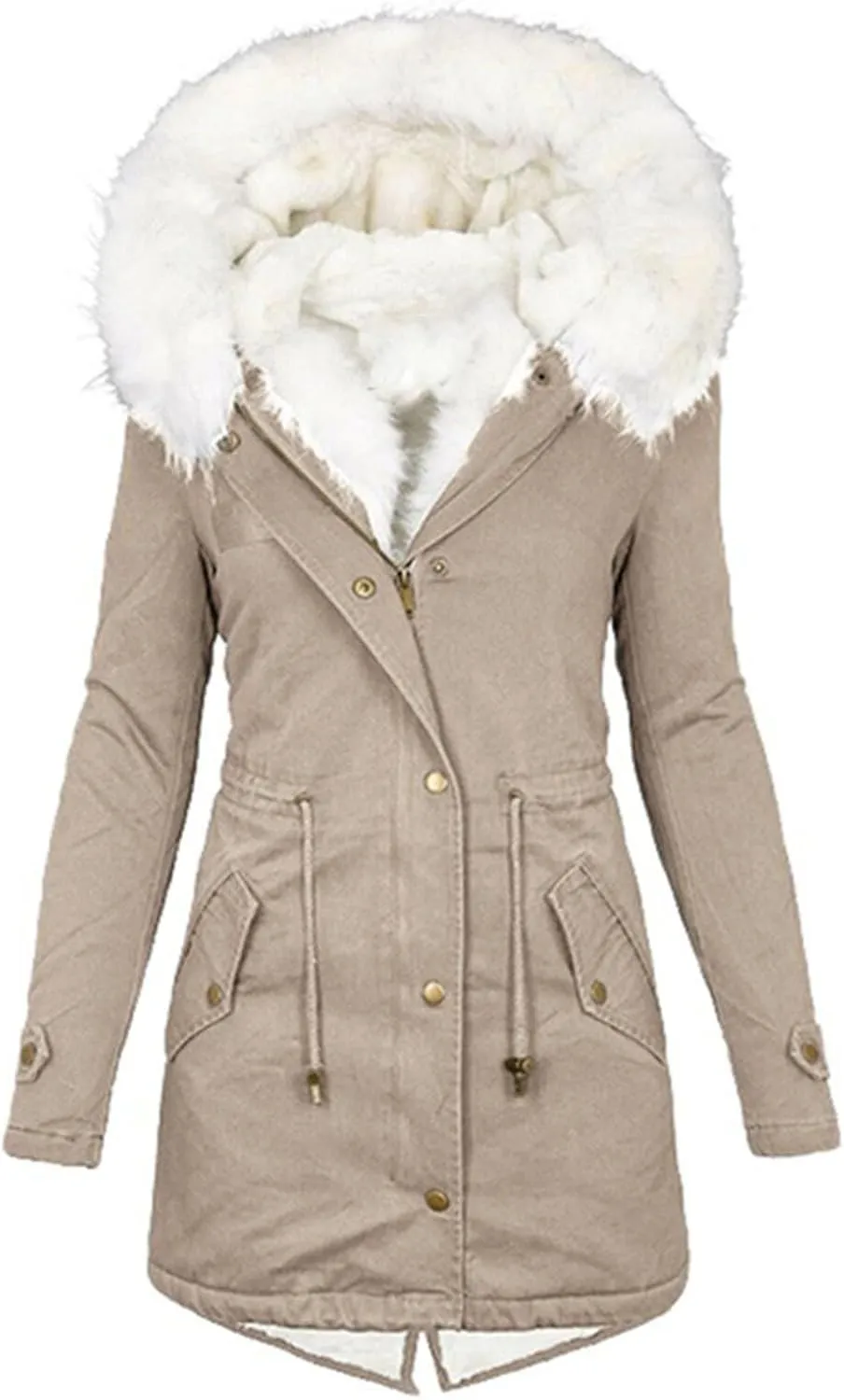 Women Parka Faux Pea Coat Sherpa Fleece Lined Distressed Jackets Thicken Warm Casual Outerwear Fuzzy Trench Coat