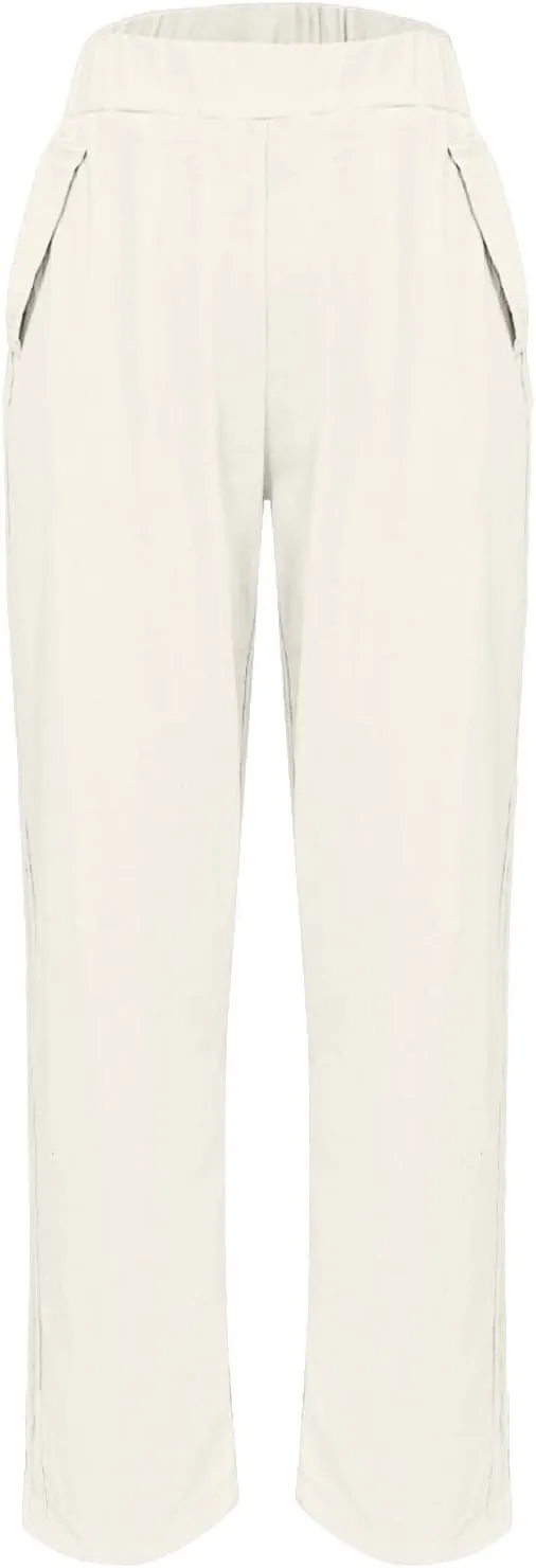 Women' s Elastic Waist Linen Cotton Trousers Summer Trendy Solid Color Casual with Pockets Outing Full Length Pants