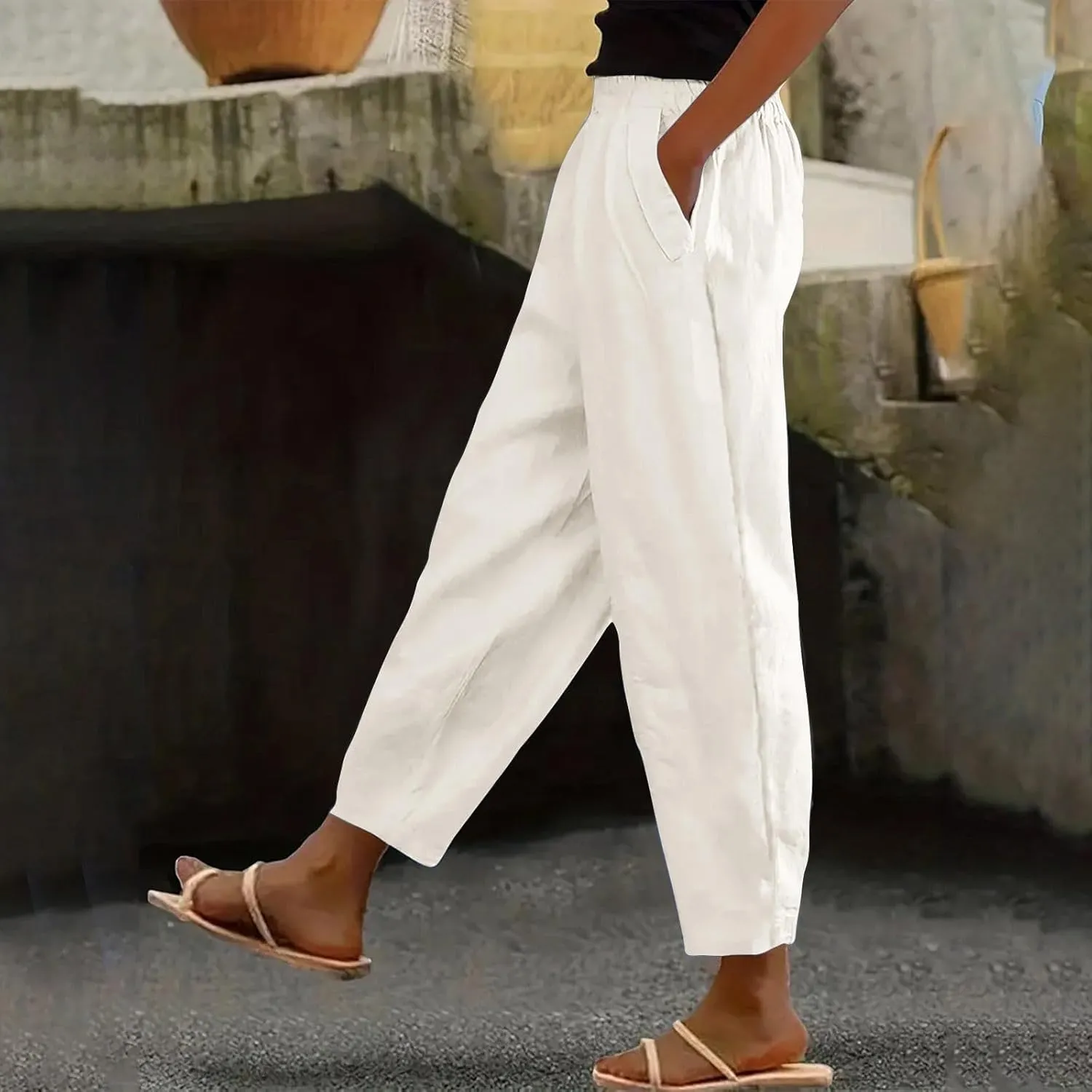 Women' s Elastic Waist Linen Cotton Trousers Summer Trendy Solid Color Casual with Pockets Outing Full Length Pants