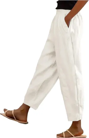 Women' s Elastic Waist Linen Cotton Trousers Summer Trendy Solid Color Casual with Pockets Outing Full Length Pants