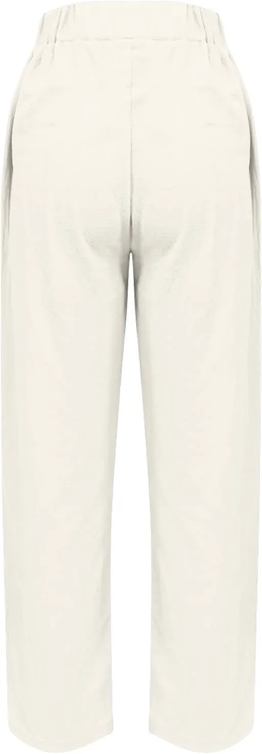 Women' s Elastic Waist Linen Cotton Trousers Summer Trendy Solid Color Casual with Pockets Outing Full Length Pants
