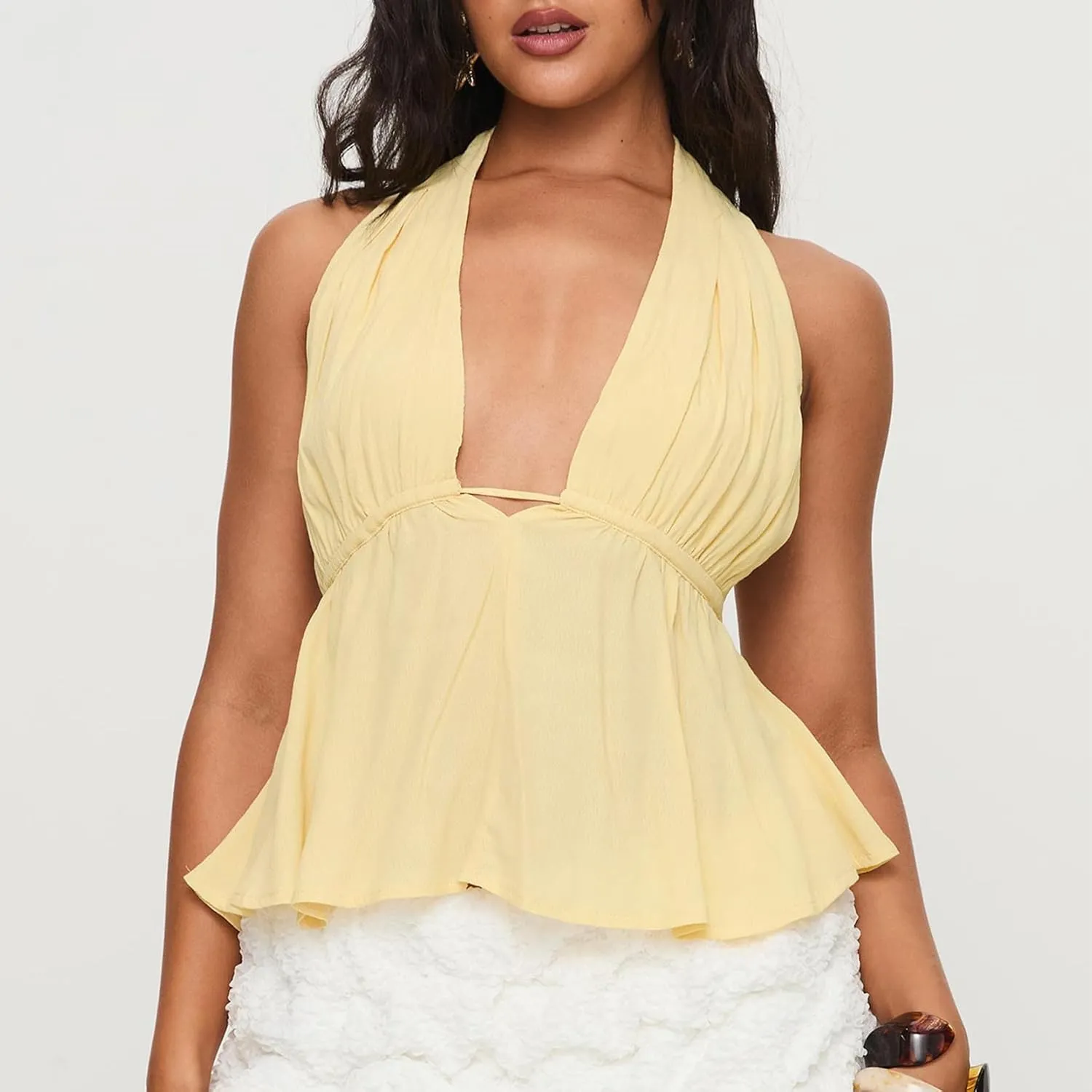 Women Sexy Deep V Neck Halter Top Cowl Neck Tie Back Slim Crop Camisole Summer Y2k Coquette Low Cut Backless Tank Top