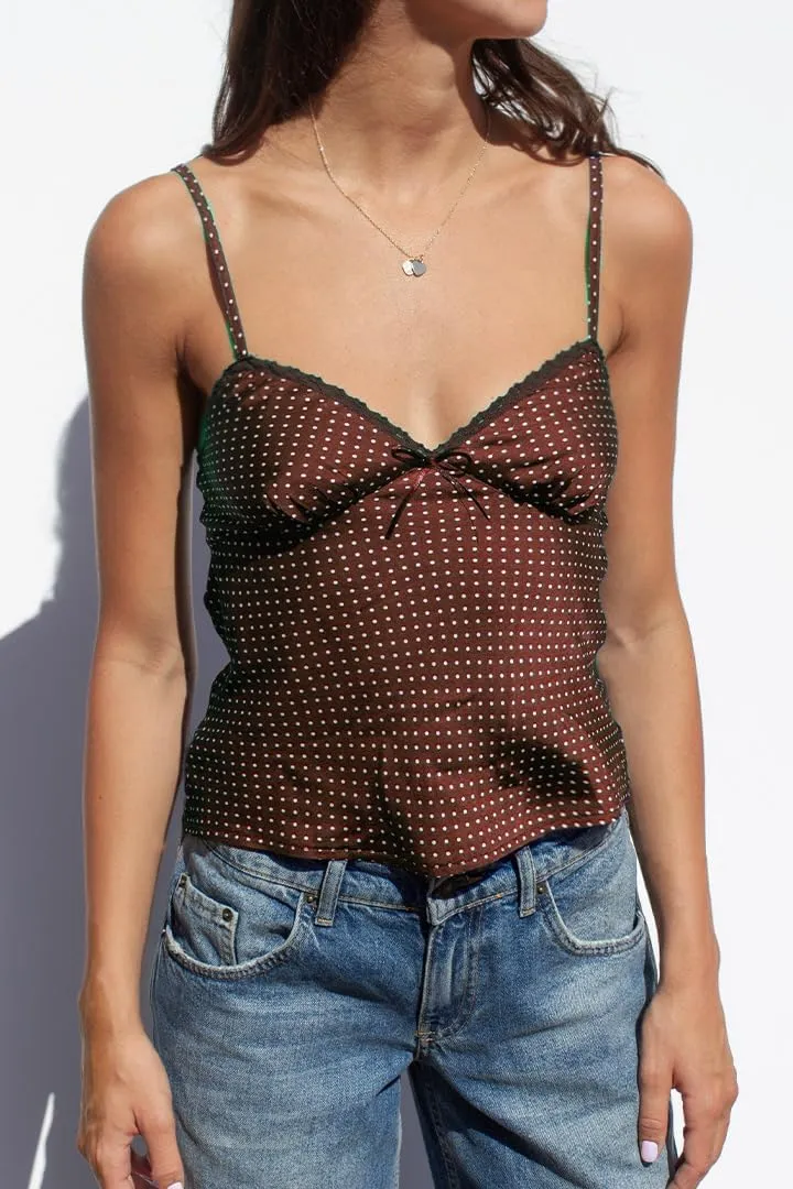 Women Silk Crop Cami Top Y2k Polka Dot Spaghetti Strap Tank Top Lace Trim V Neck Camisoles Trendy Going Out Tops