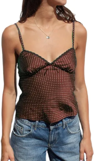 Women Silk Crop Cami Top Y2k Polka Dot Spaghetti Strap Tank Top Lace Trim V Neck Camisoles Trendy Going Out Tops