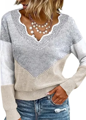 Women Spring Color Block V Neck Knit Pullover Long Sleeve Sexy Casual Soft Sweaters Tops