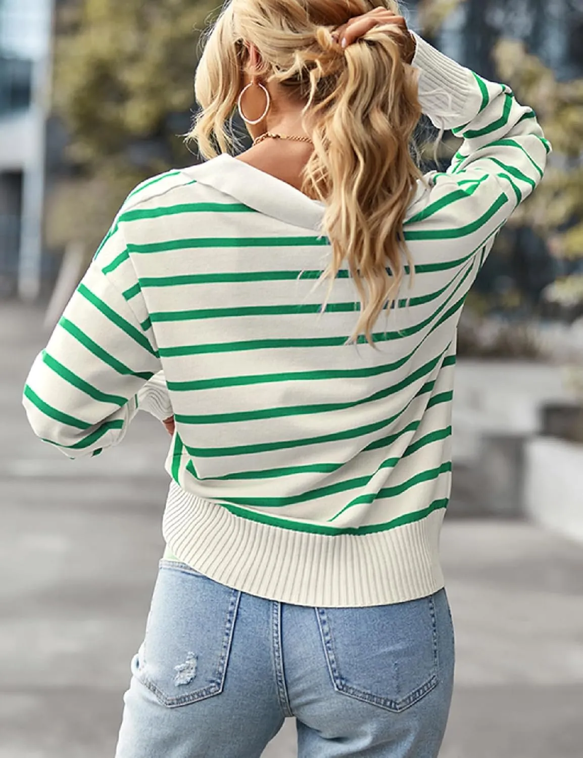 Women Striped Sweater Polo V Neck Long Sleeve Loose Sweater Knit Pullover Jumper Tops