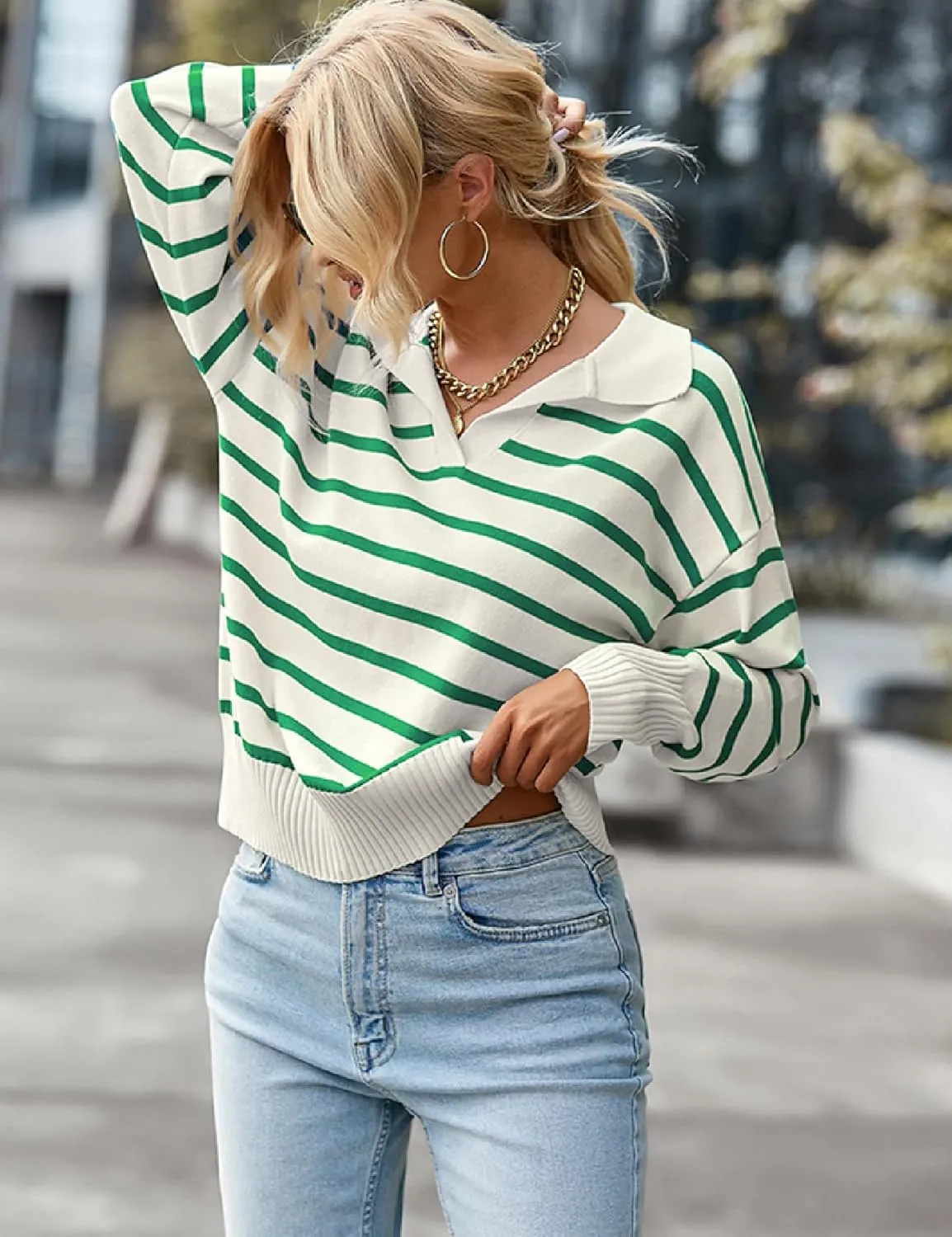 Women Striped Sweater Polo V Neck Long Sleeve Loose Sweater Knit Pullover Jumper Tops