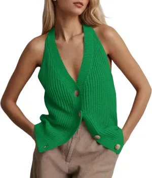 Women Sweater Vest Tops Button Down V Neck Sleeveless Knit Tank Top Loose Fit Knit Cardigan Vest Solid Summer Shirts