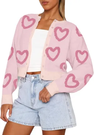 Women Valentines Day Heart Sweater Cardigan Long Sleeve Button Down Open Front Casual Cropped Knit Sweater Outerwear