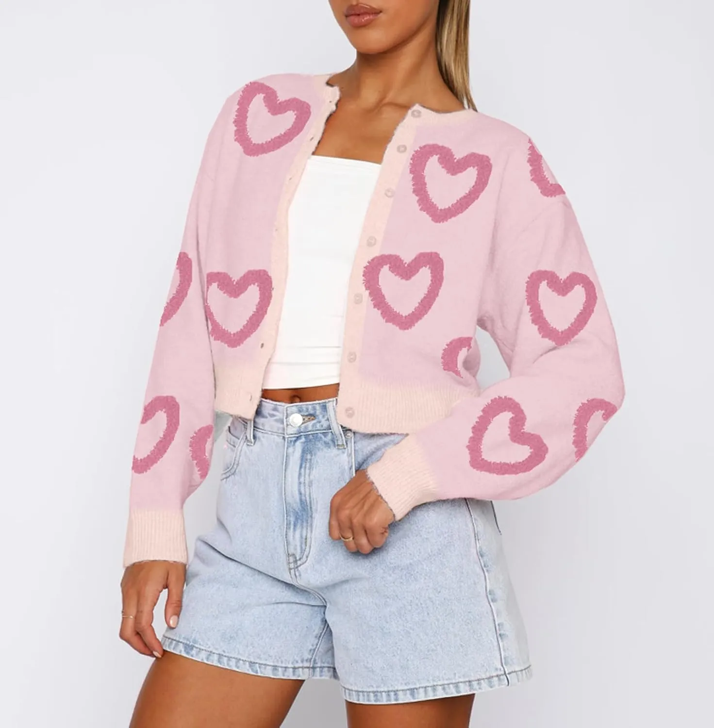 Women Valentines Day Heart Sweater Cardigan Long Sleeve Button Down Open Front Casual Cropped Knit Sweater Outerwear
