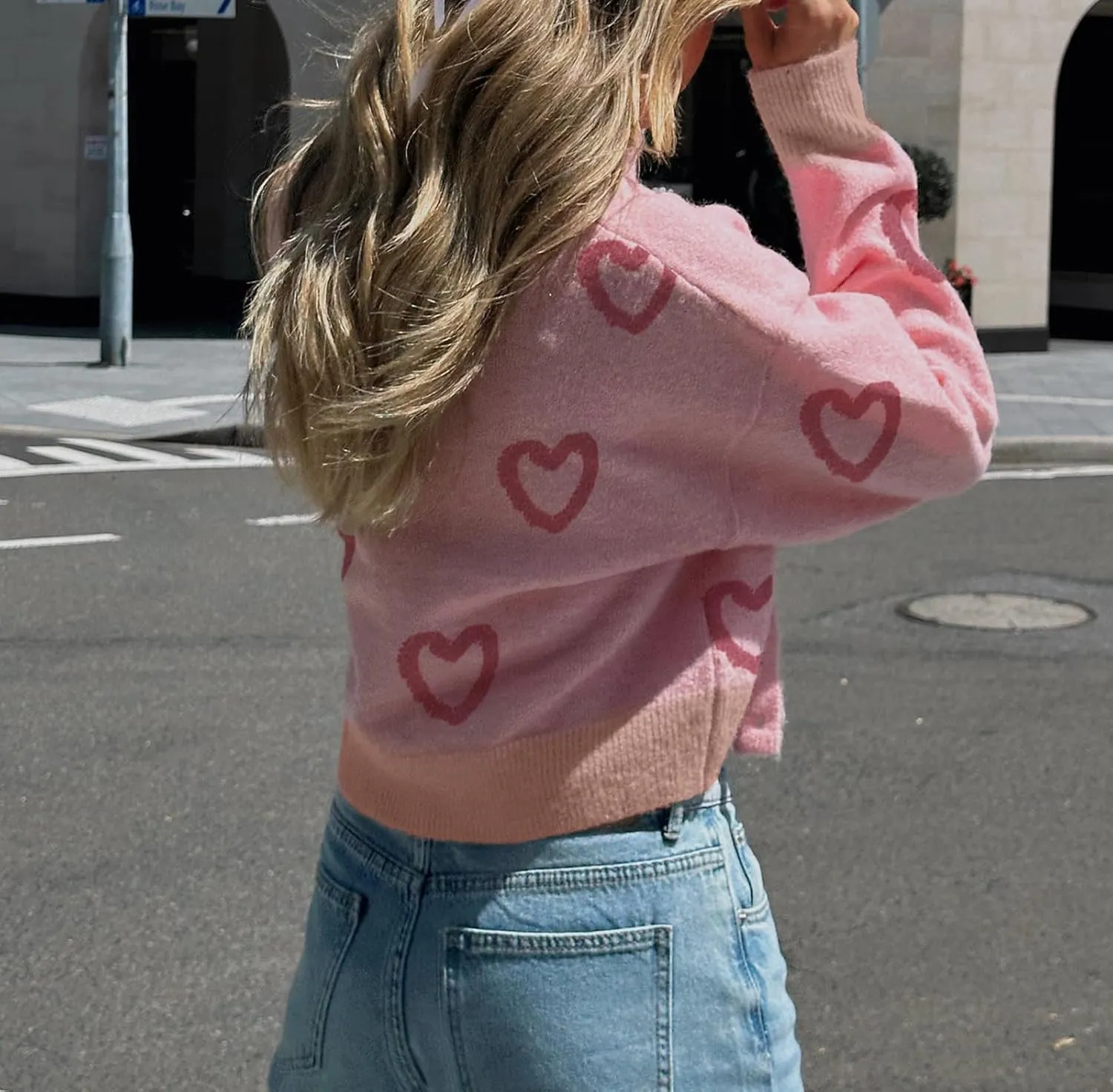 Women Valentines Day Heart Sweater Cardigan Long Sleeve Button Down Open Front Casual Cropped Knit Sweater Outerwear